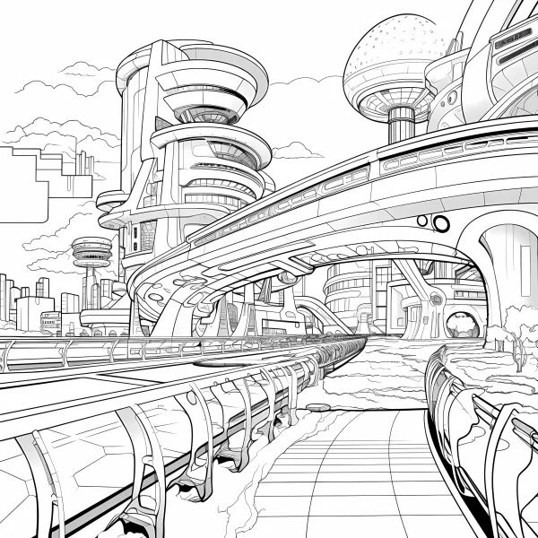 Futuristic sci-fi cityscape with skyscrapers and elevated bridges, sci-fi illustration style — free printable future city coloring book page