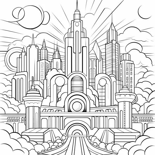 Futuristic city skyline with skyscrapers and unique architectures, sci-fi style — free printable future city coloring book page