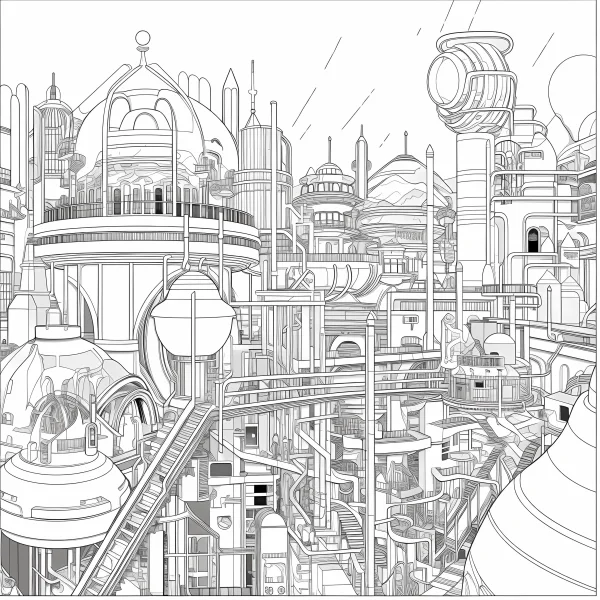 Future sci-fi cityscape, futuristic sci-fi style — free printable future city coloring book page