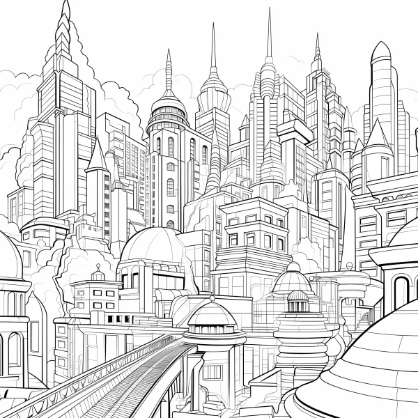 Future sci-fi city skyline with skyscrapers, domed buildings and elevated tracks — free printable future city coloring book page