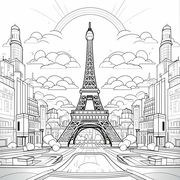 Eiffel tower with urban buildings, cartoon style — free printable european and american coloring book page