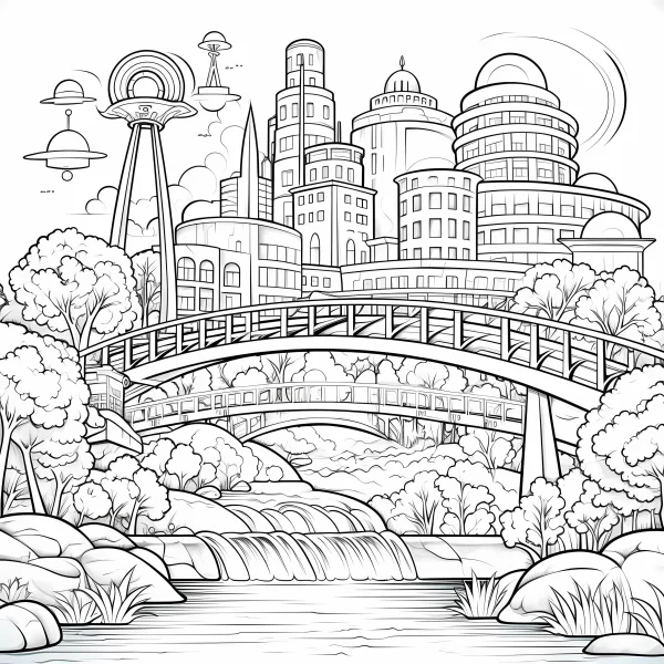 Futuristic city with natural landscape, sci-fi cartoon style — free printable future city coloring book page