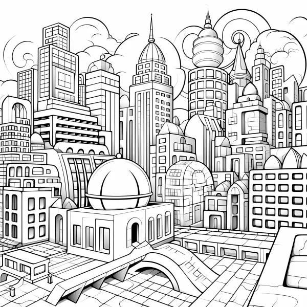 Modern city skyline with various skyscrapers and domed buildings, cartoon style — free printable cityscape coloring book page