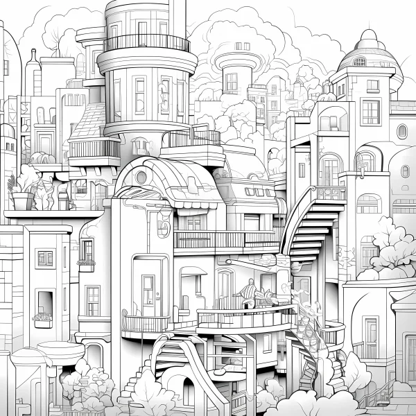 Whimsical dense building complex, fantasy cartoon style — free printable urban architecture coloring book page