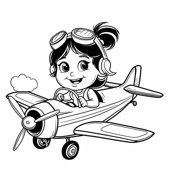 Cute cartoon girl pilot driving a small vintage plane, wearing goggles and headphones — free printable adventure coloring book page