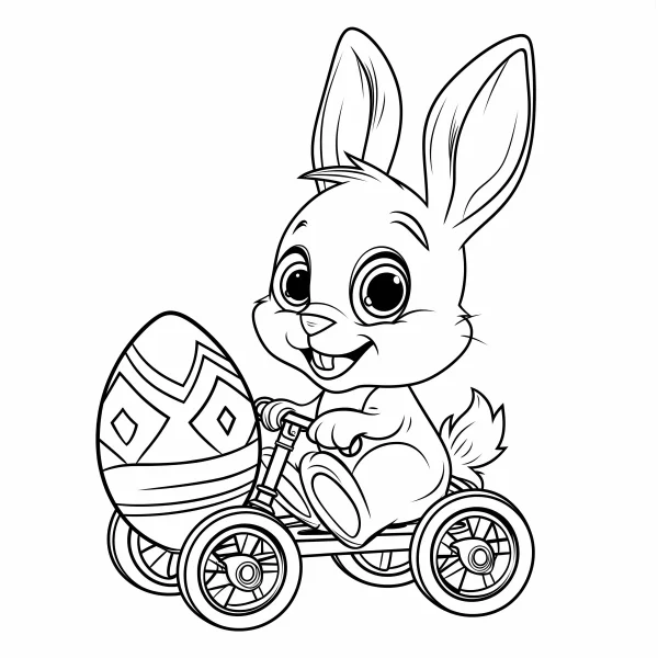 Cute easter bunny riding a tricycle with a decorated easter egg, cartoon style — free printable easter coloring book page