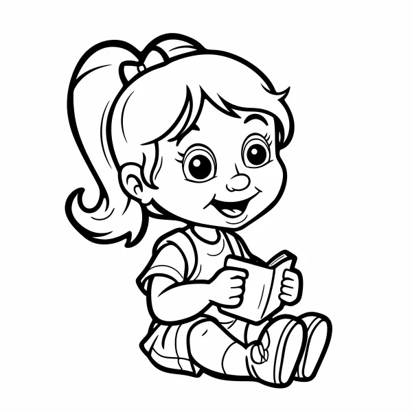 Cute little girl reading a book, cartoon style — free printable children coloring book page