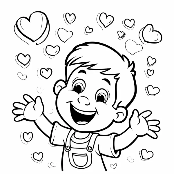Happy little boy with open arms, cartoon style — free printable friendship coloring book page