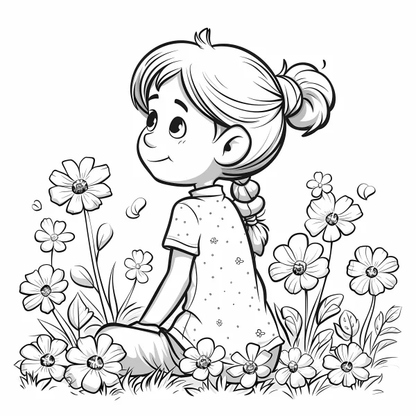 Little girl sitting in a flower bed, cartoon style — free printable children's life coloring book page