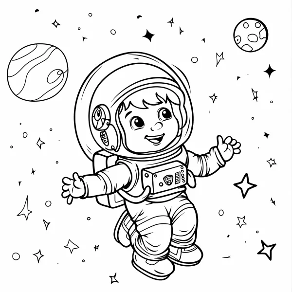 Cute cartoon astronaut, cartoon style — free printable space coloring book page