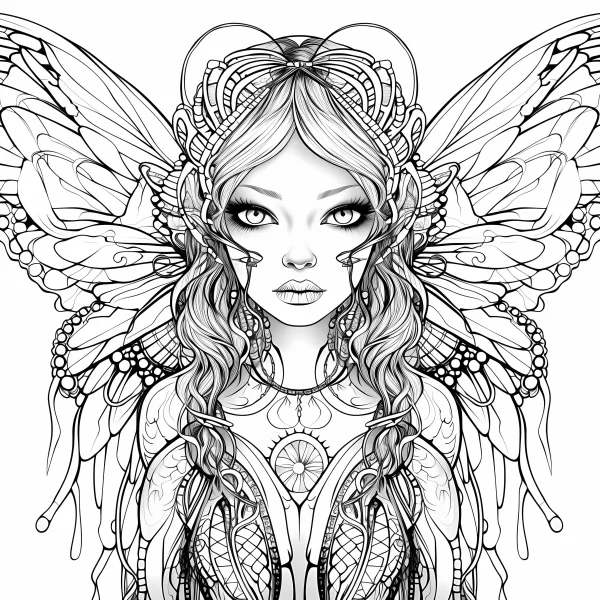 Fairy girl with butterfly wings, fantasy decorative art style — free printable elves coloring book page