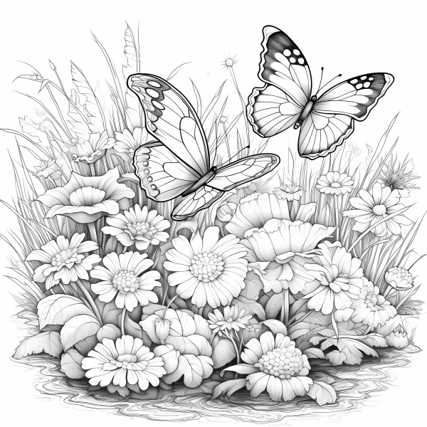Butterflies perched on a cluster of daisies and wildflowers, nature scene with grass and water ripples — free printable animal theme coloring book page