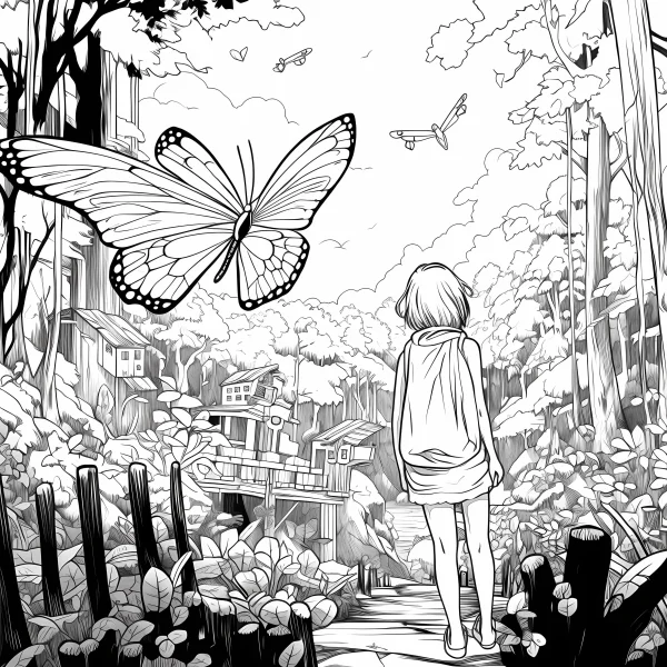 Girl standing on forest path with giant butterfly, fairy tale illustration style — free printable children coloring book page