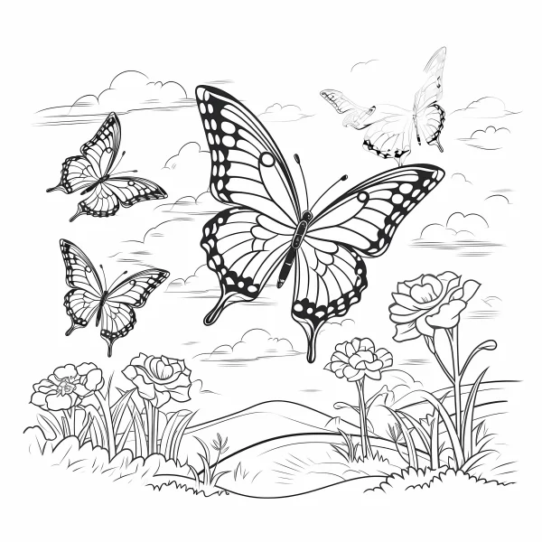 Butterflies flying over flower bushes, cartoon style — free printable insects coloring book page