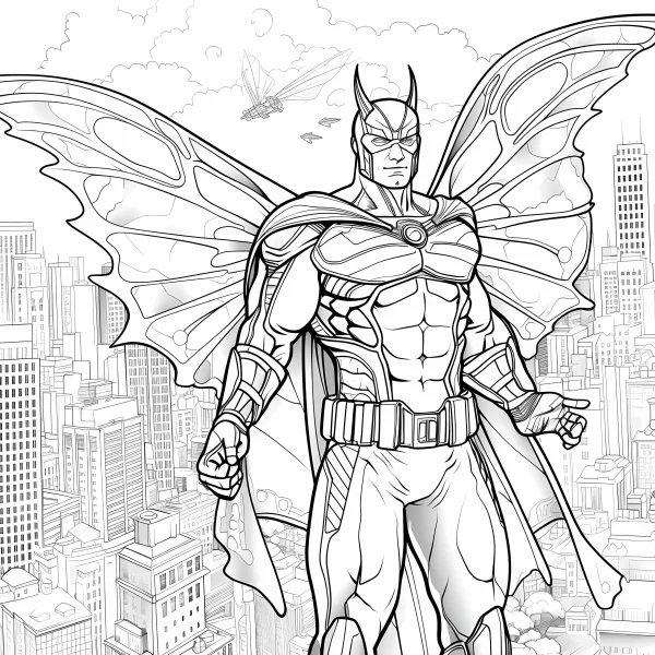 Batman with butterfly wings, cartoon comic style — free printable city coloring book page