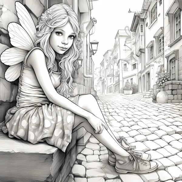 Fairy girl sitting on a cobblestone street in a quaint european town, cartoon illustration style — free printable small town life coloring book page