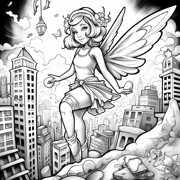 Fairy girl standing on ruins in a city, cartoon fantasy style — free printable city coloring book page