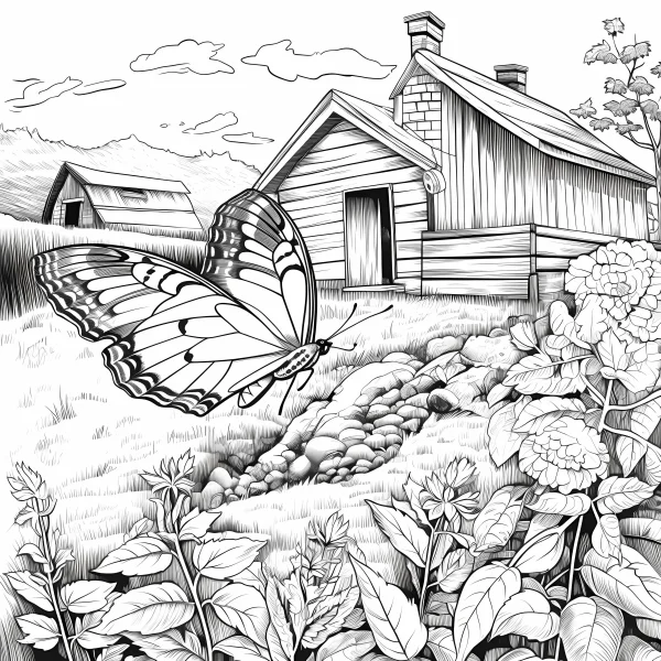 Butterfly in rural countryside scene, realistic illustration style — free printable animal theme coloring book page