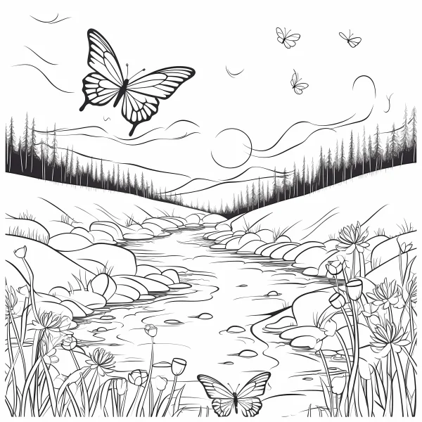 Natural landscape with stream and butterflies, sketch style — free printable animal theme coloring book page