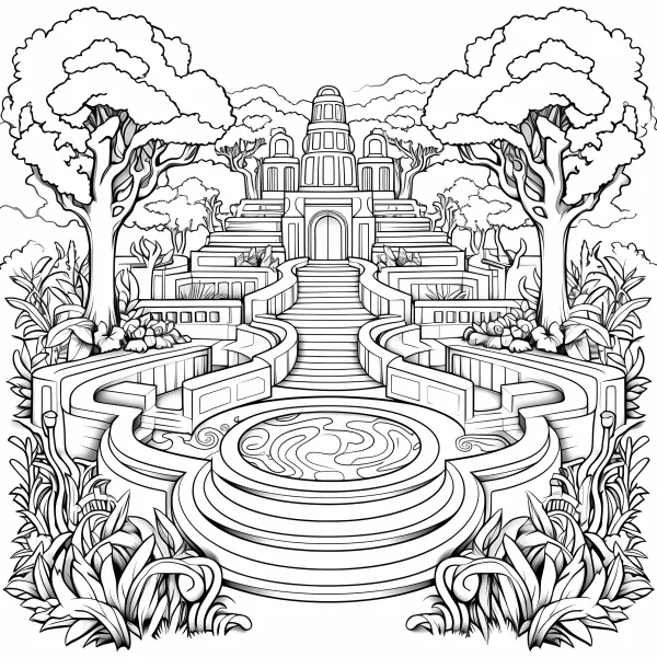 Symmetric ancient temple surrounded by trees and plants, fantasy style — free printable ancient architecture coloring book page