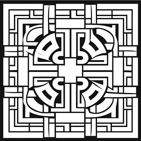 Symmetrical geometric decorative pattern, art deco style — free printable balance coloring book page