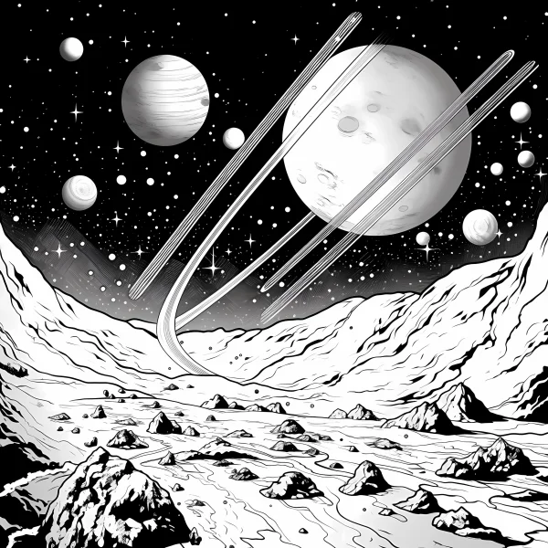 Alien landscape with space planets and stars, sci-fi style — free printable space coloring book page