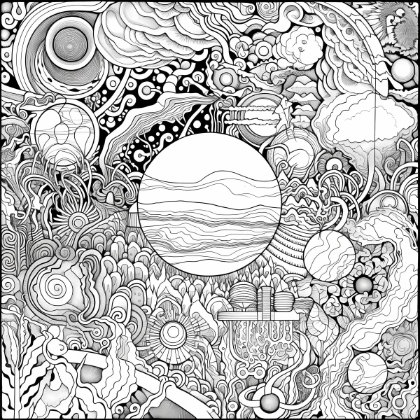 Abstract zentangle cosmic pattern with central textured planet, mandala and zentangle style — free printable universe coloring book page