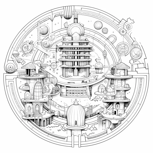 Circular futuristic city architecture complex, sci-fi and fantasy style — free printable future city coloring book page