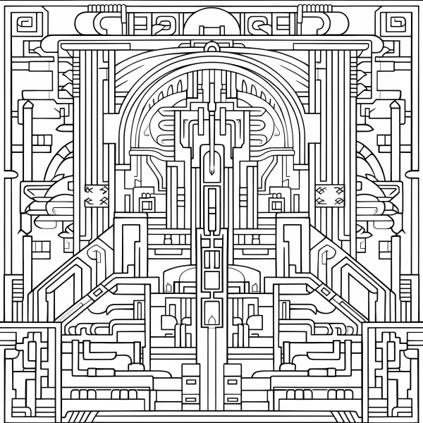 Futuristic mechanical architecture, sci-fi abstract style — free printable mechanical coloring book page