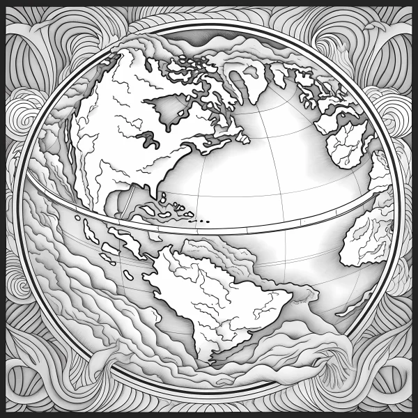 Line art of earth featuring north and south america, surrounded by intricate decorative wave patterns — free printable geography coloring book page