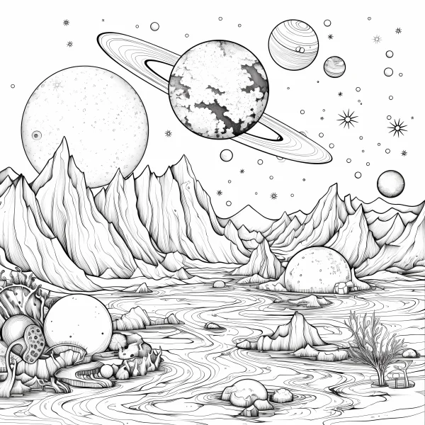 Alien mountain landscape with various space planets and stars, sci-fi fantasy style — free printable space coloring book page
