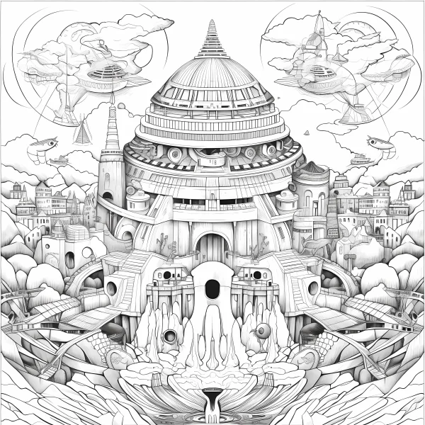 Futuristic sci-fi city complex, intricate  featuring domed central building — free printable future city coloring book page