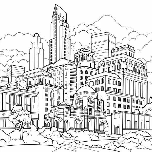 Urban building complex, realistic style — free printable cityscape coloring book page