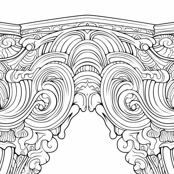 Baroque style scrollwork decorative archway, intricate symmetrical repeating patterns — free printable baroque coloring book page