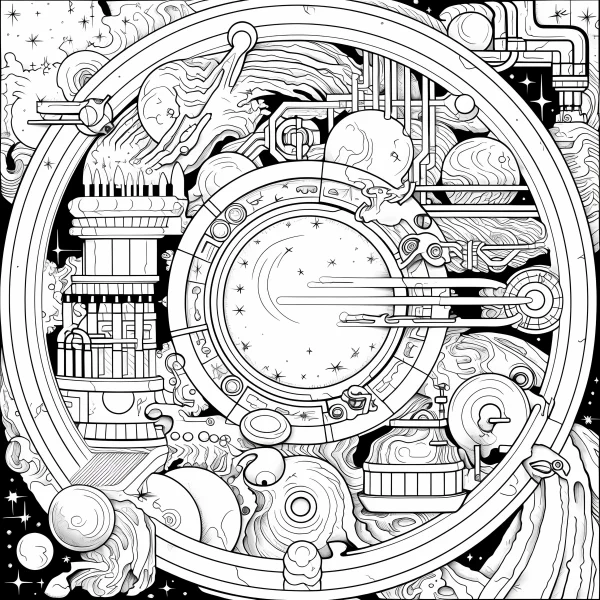 Circular cosmic mechanical hub, sci-fi style — free printable universe coloring book page