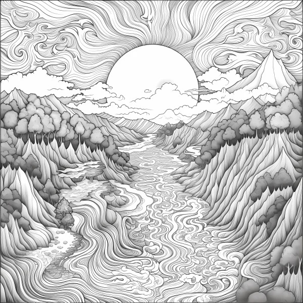 Mountain river natural landscape, intricate swirling organic line art — free printable mountains and rivers coloring book page