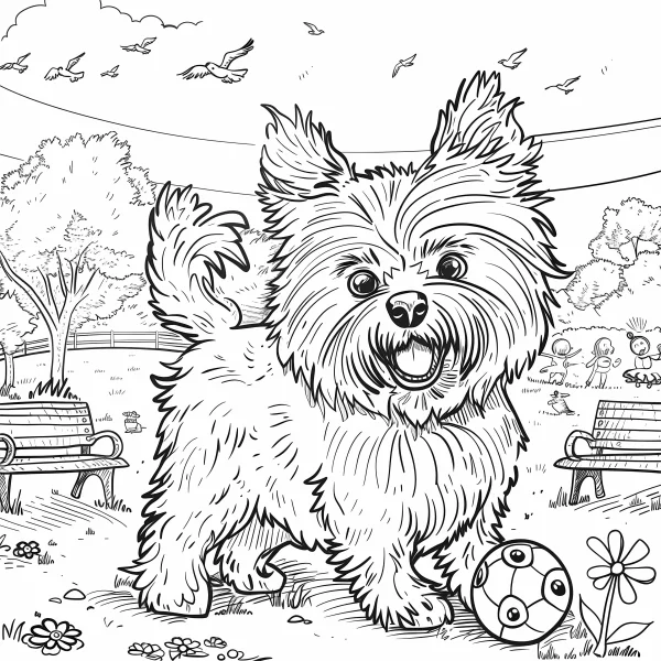 Fluffy playful terrier dog, cartoon style — free printable outdoor coloring book page