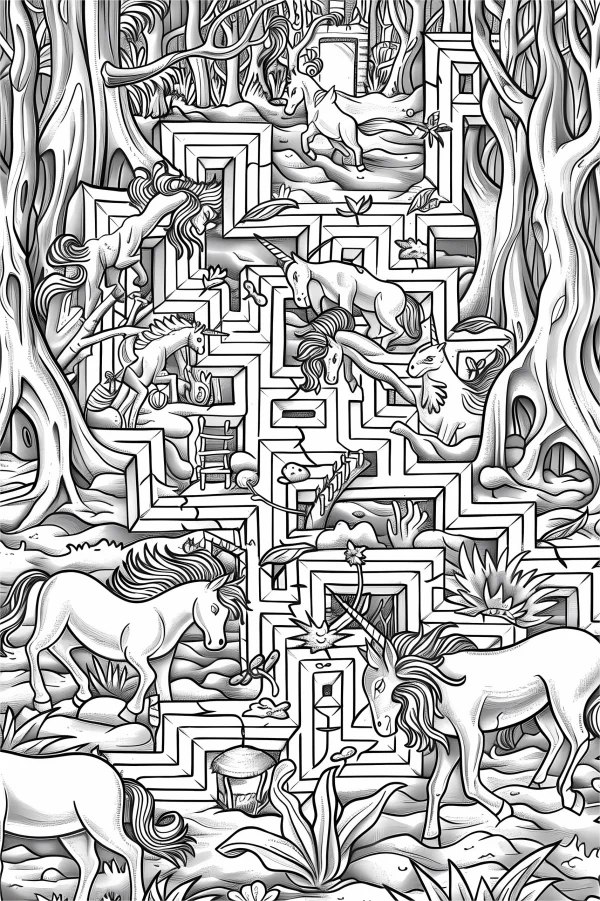 Fantasy  unicorns in forest maze, intricate detailed line art — free printable maze coloring book page