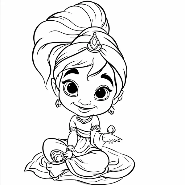 Cute chibi arabian style girl sitting on magic carpet, cartoon style — free printable middle east coloring book page