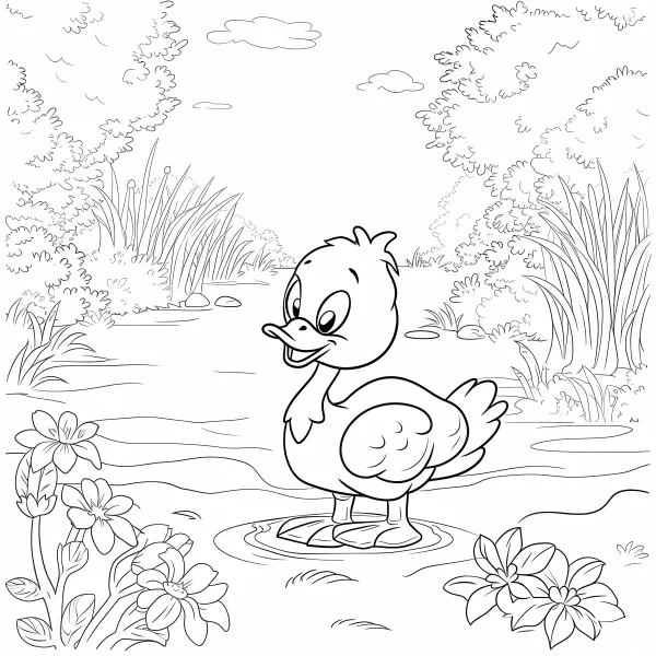 Cute cartoon duck, cartoon style — free printable animal theme coloring book page