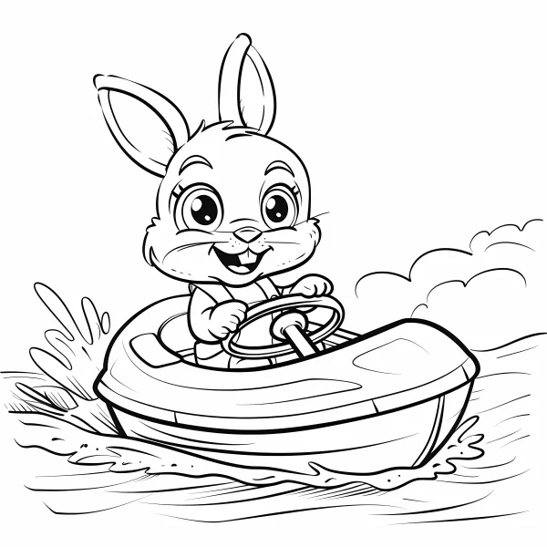 Cute cartoon rabbit driving a small boat on water, cartoon style — free printable outdoor leisure coloring book page