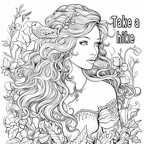 Curly-haired girl surrounded by flowers and a small bird, hand-drawn line art — free printable hiking coloring book page