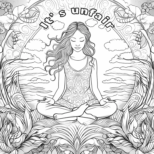 Yoga meditating girl in lotus position, cute cartoon and healing style — free printable yoga coloring book page