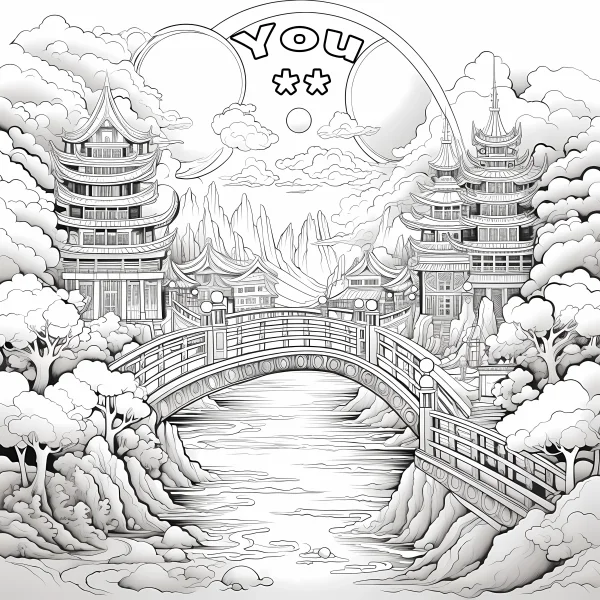 Chinese style pavilion and arch bridge over river with mountains and trees, traditional chinese landscape line art — free printable ancient architecture coloring book page