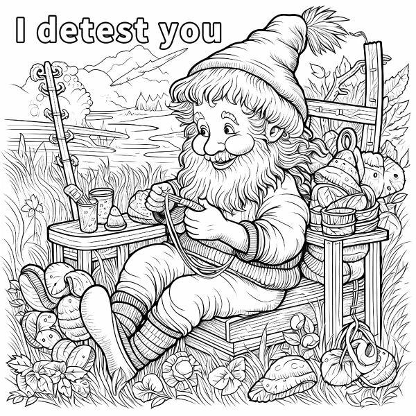 Knitting gnome sitting on wooden bench, cartoon style — free printable handmade coloring book page