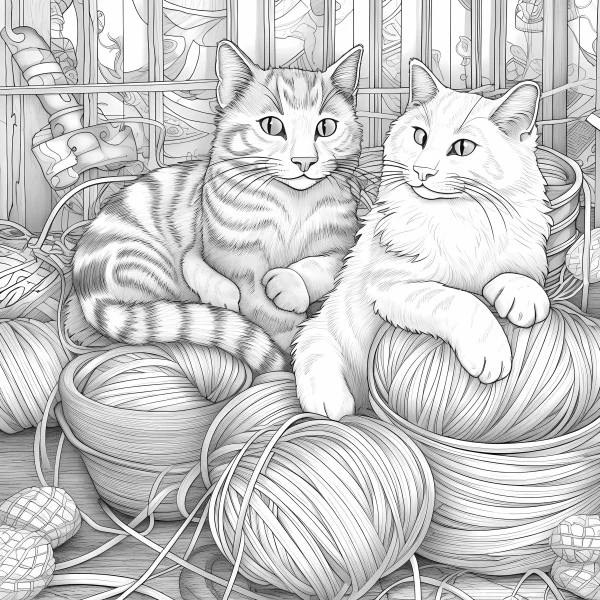 Two cats (a tabby cat and a white cat) surrounded by yarn balls and knitting baskets, cartoon style — free printable handmade coloring book page