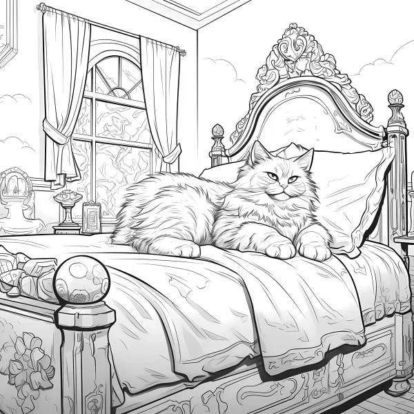 Fluffy long-haired cat lying on an ornate vintage bed in a cozy bedroom, realistic line art style — free printable home living coloring book page
