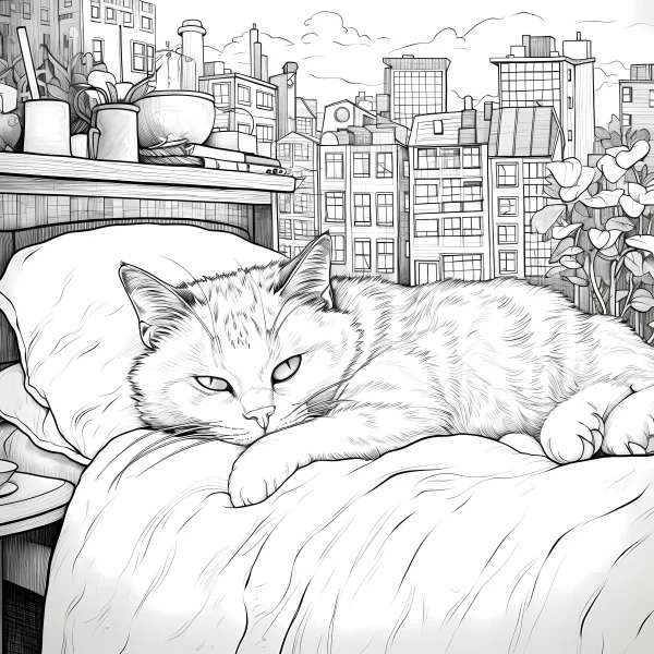 Lazy cat lying on bed, realistic line art style — free printable home coloring book page