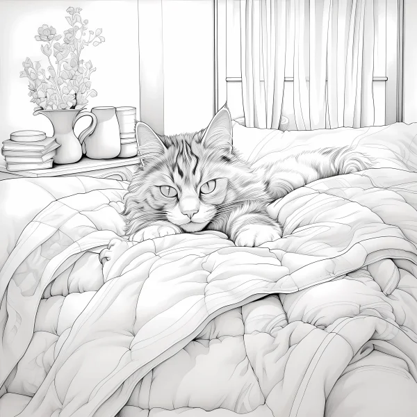 Realistic sketch of a cat lying on a quilted bed, cozy bedroom interior with curtains — free printable home living coloring book page