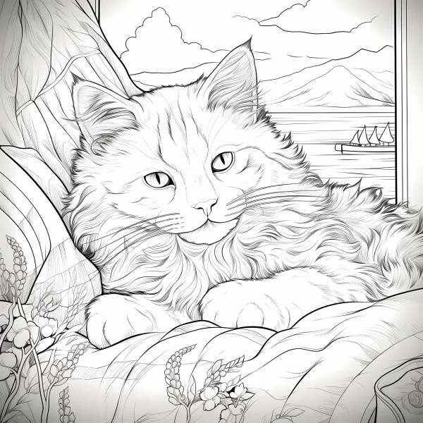 Long-haired cat lying on bedding by the window, realistic line art style — free printable home life coloring book page